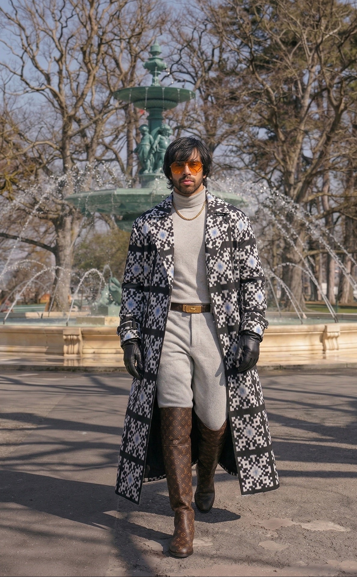 Man in a patterned coat standing in front of a fountain