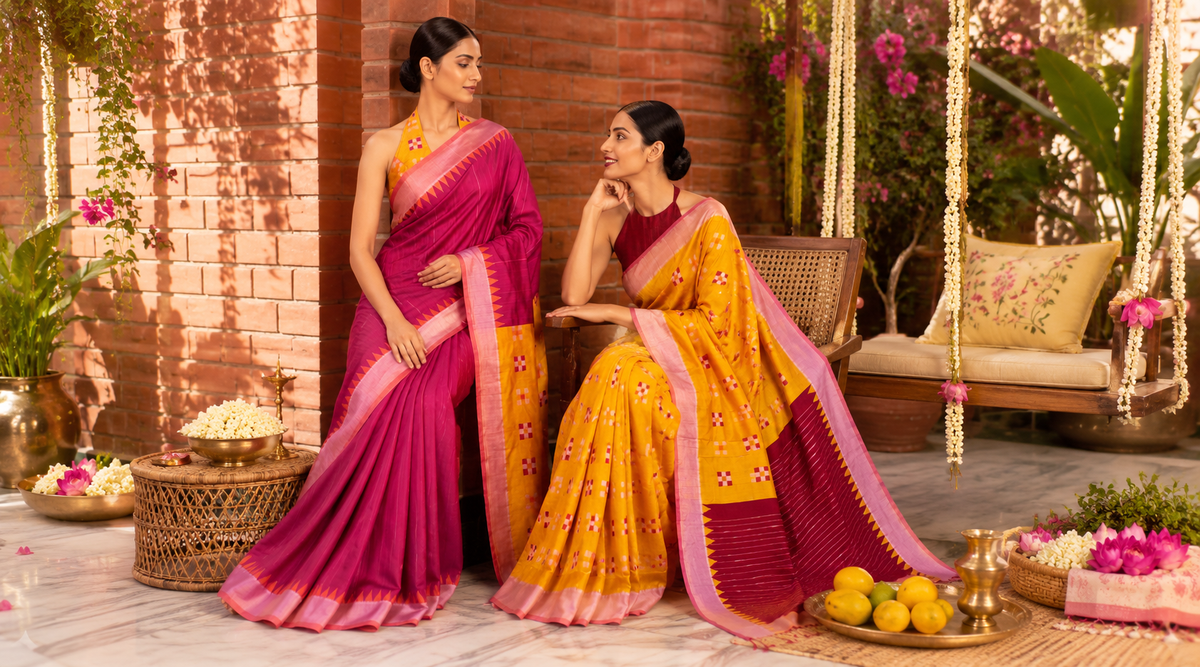 Two women wearing traditional Indian sarees pose together in an outdoor courtyard setting with a brick wall, hanging swings, and decorative plants. One saree is magenta pink with a yellow border, and the other is mustard yellow with a deep pink border.